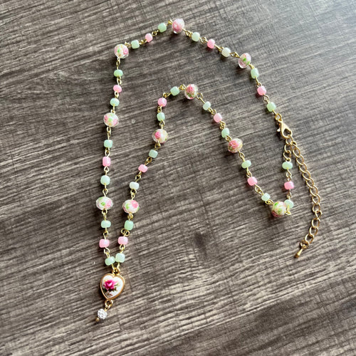 Pastel Mint Pink Floral Heart Necklace