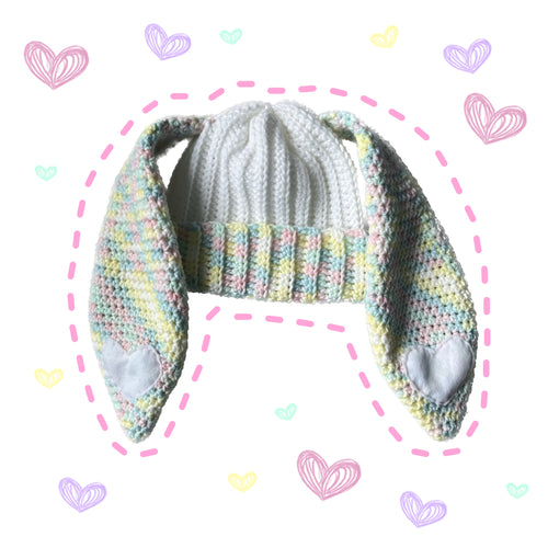 White Heart Pastel Rainbow Crochet Bunny Beanie