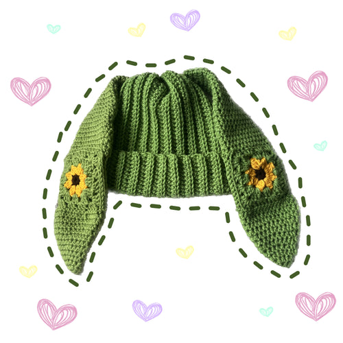 Green Sunflower Crochet Bunny Beanie