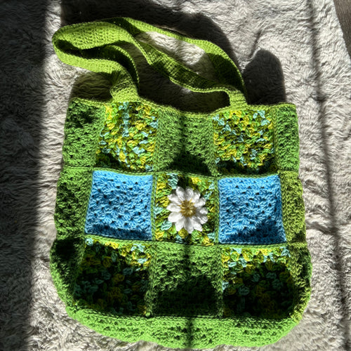Spring Green Daisy Square Crochet Tote Bag