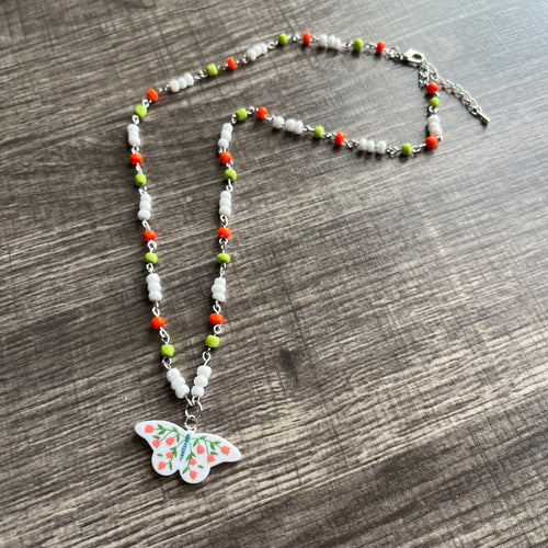 White Floral Butterfly Necklace