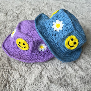Smiley Daisy Square Crochet Bucket Hat